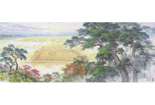 Koreanisches Gemälde „Reisfeld am Morgen“