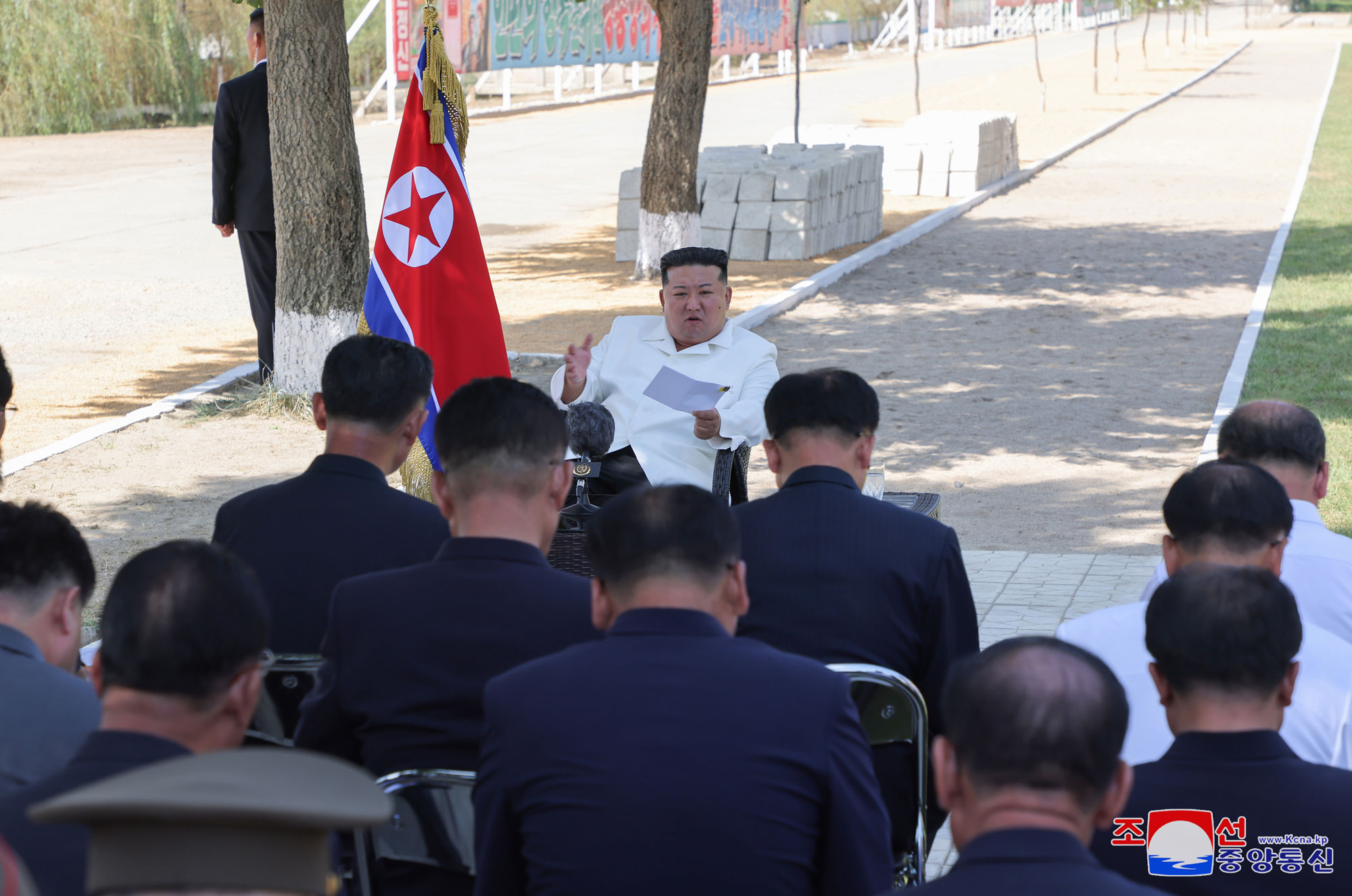 President of State Affairs Kim Jong Un gives field guidance at regional-industry factories under construction in 
Hamju County