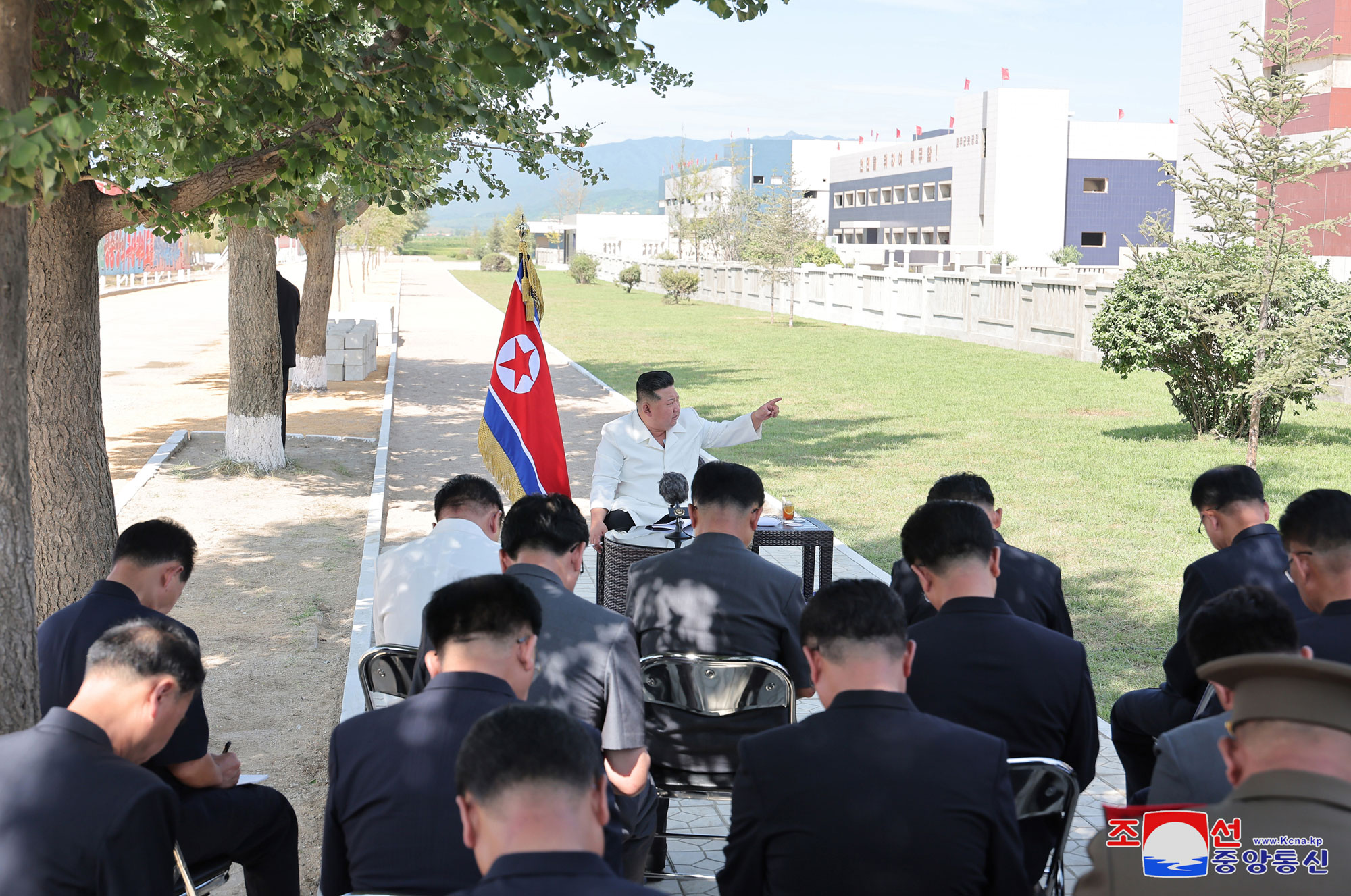 President of State Affairs Kim Jong Un gives field guidance at regional-industry factories under construction in 
Hamju County