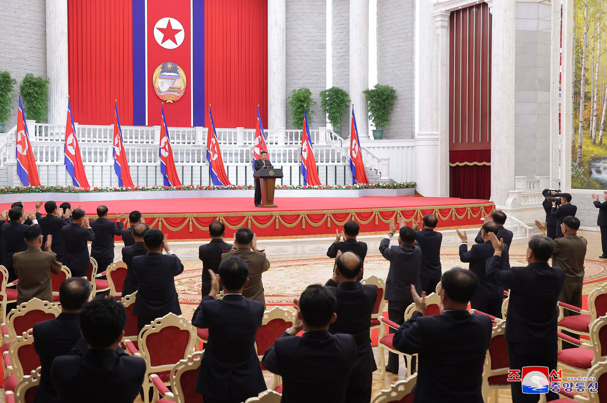 President of State Affairs Kim Jong Un meets leading Party and government cadres, congratulates them on national day and makes important speech on orientation of work by state