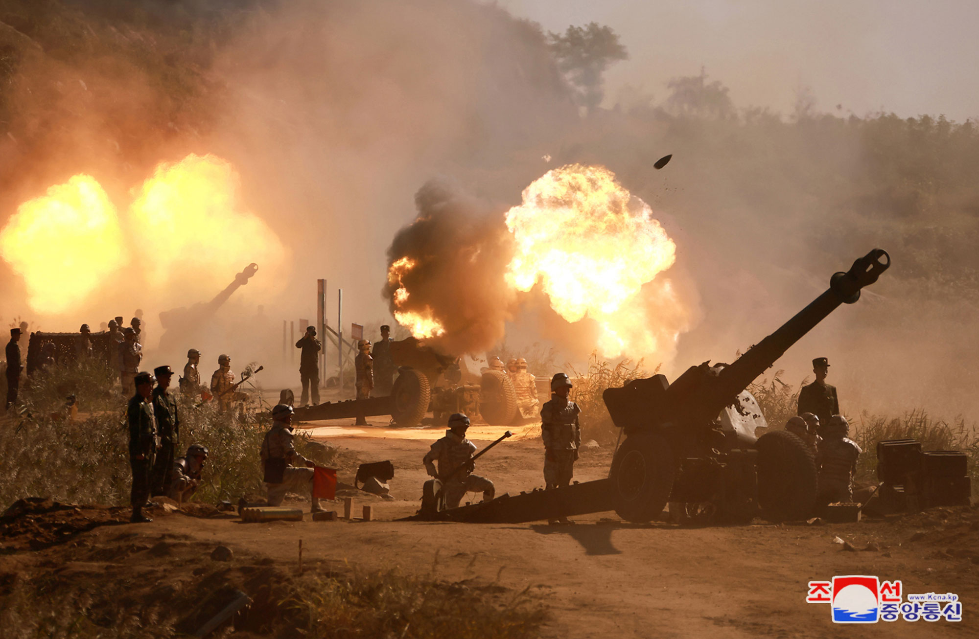 President of State Affairs Kim Jong Un oversees live artillery firing drill of graduates of O Jin U Artillery Academy