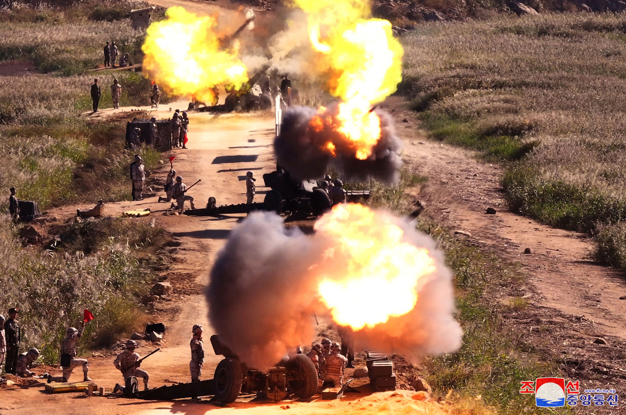 President of State Affairs Kim Jong Un oversees live artillery firing drill of graduates of O Jin U Artillery Academy