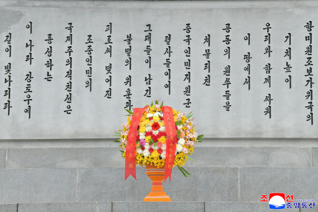 Chinese party and government delegation lays floral basket before Tower of Friendship